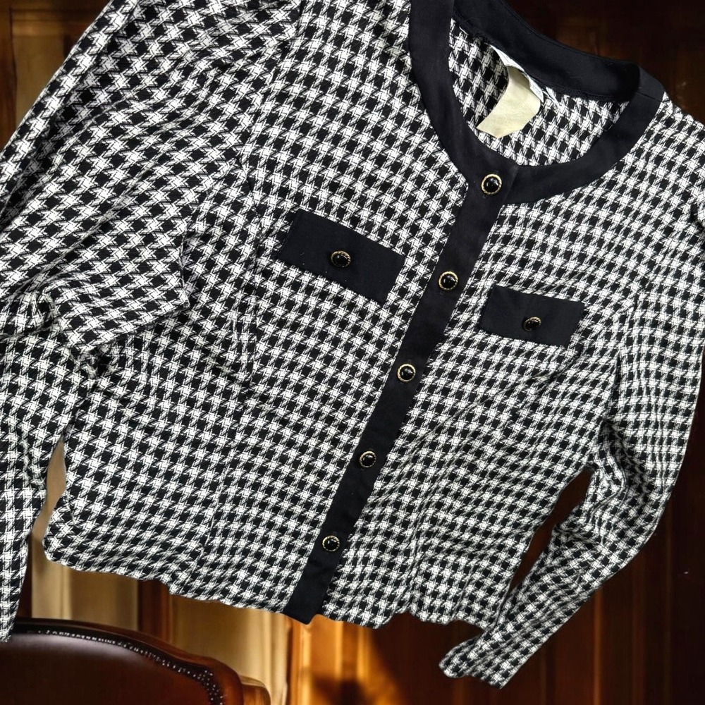 Vintage 80s JT Dress Jacket Women 10 Black Houndstooth Rayon Button Made USA